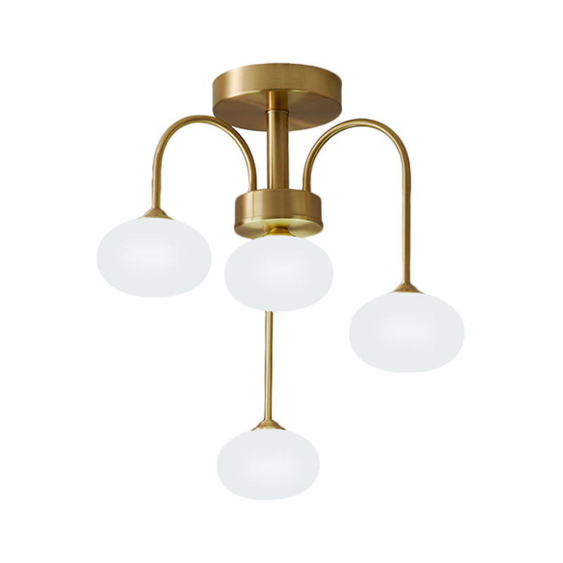 Modern Milky Glass Oval Semi Flush Gold Ceiling Mount Light Fixture with Metal Curvy Arm - 4/6 Heads