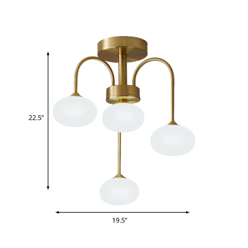 Modern Milky Glass Oval Semi Flush Gold Ceiling Mount Light Fixture with Metal Curvy Arm - 4/6 Heads