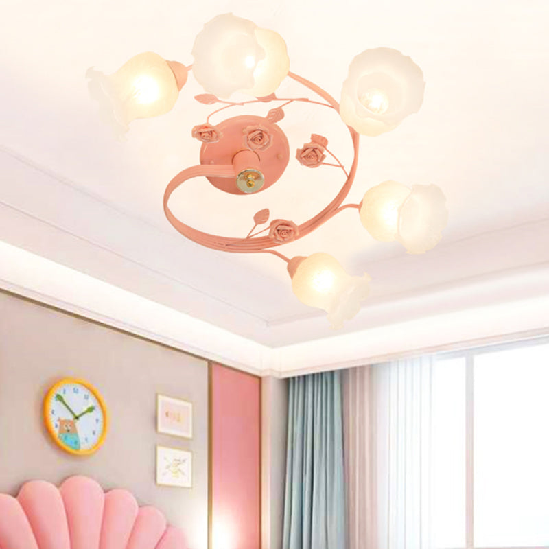 Ivory Glass Spiral Ceiling Lighting, 6 Heads, Semi-Flush Mount Light Fixture in Blue/Pink for Living Room