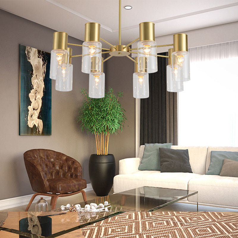 Contemporary 8-Light Brass Chandelier With Clear Glass Shade