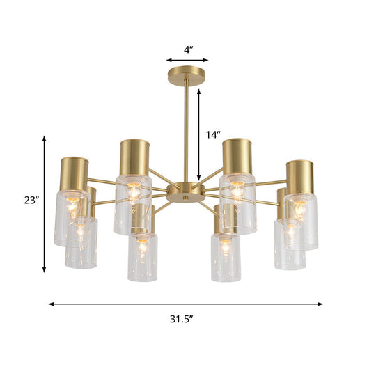 Contemporary 8-Light Brass Chandelier With Clear Glass Shade