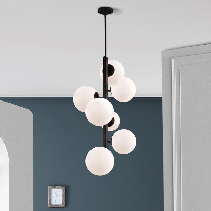 Contemporary Black Round Chandelier: Opal Glass 7 Bulb Suspension Lamp