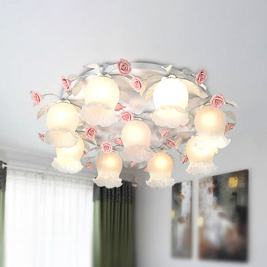 9-Head White Glass Rose Ceiling Light - Countryside Flush Mount for Living Room