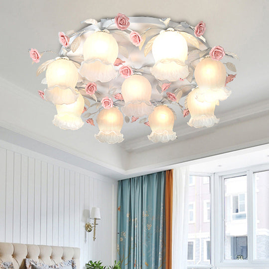 9-Head White Glass Rose Ceiling Light - Countryside Flush Mount for Living Room