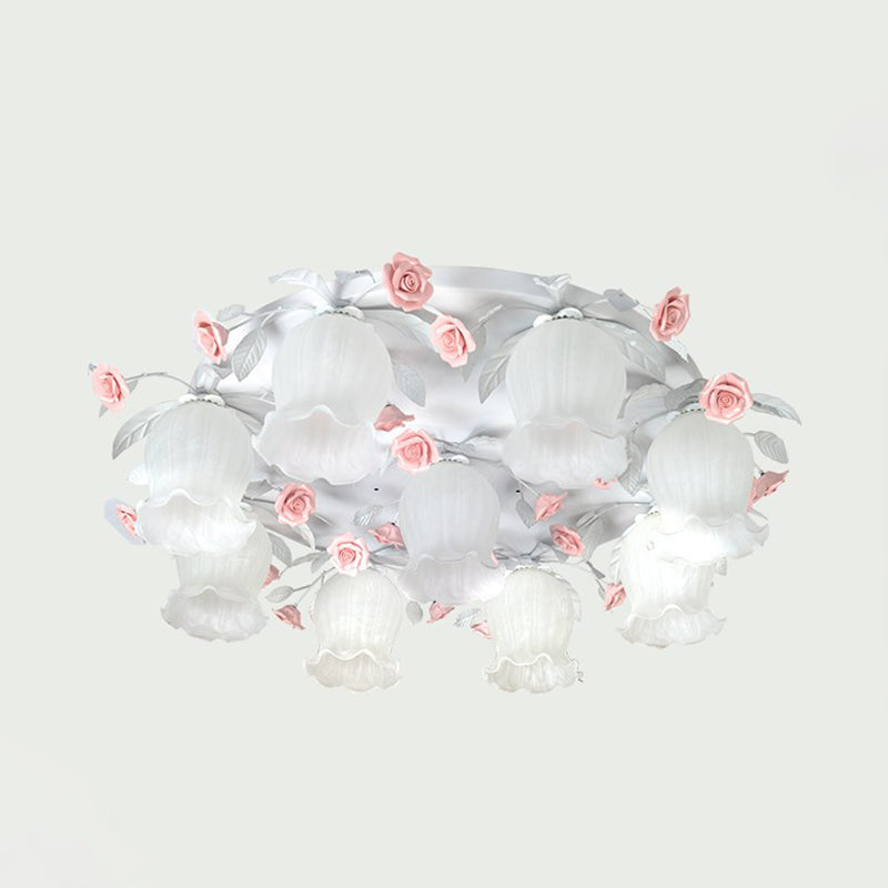 9-Head White Glass Rose Ceiling Light - Countryside Flush Mount for Living Room