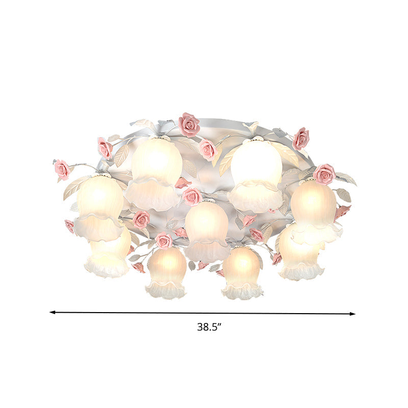 9-Head White Glass Rose Ceiling Light - Countryside Flush Mount for Living Room