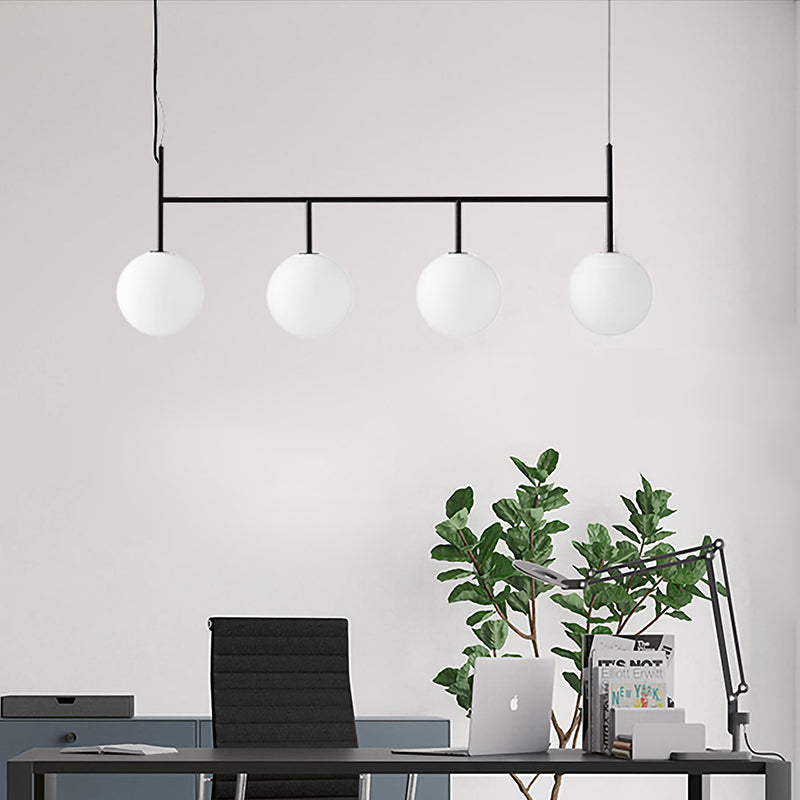 Contemporary Black Suspended Island Light Fixture With White Glass Orb And 4 Bulbs