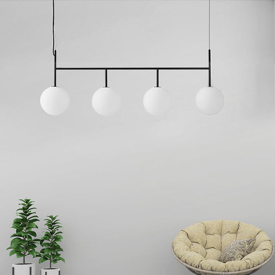 Contemporary Black Suspended Island Light Fixture With White Glass Orb And 4 Bulbs