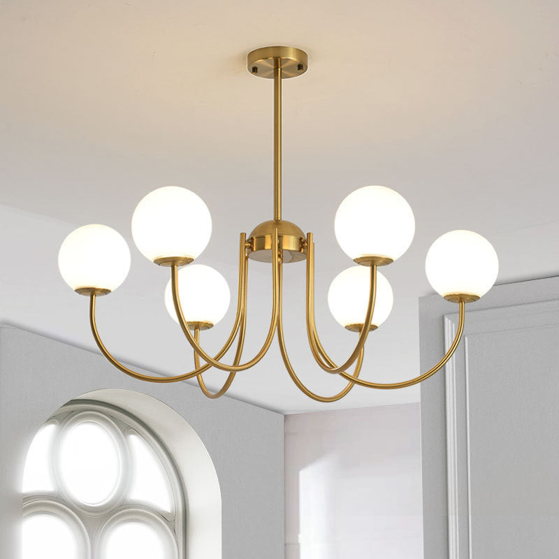 6-Head Living Room Chandelier: Modern Gold Hanging Light With Milk Glass Shade And Orb Design