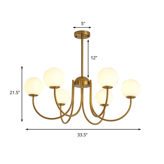 6-Head Living Room Chandelier: Modern Gold Hanging Light With Milk Glass Shade And Orb Design