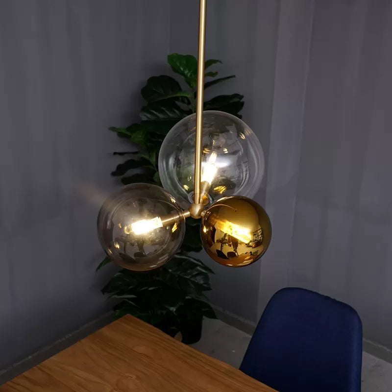 Modernist 3-Head Clear Glass Sphere Chandelier With Gold Accents - Ceiling Pendant Lighting