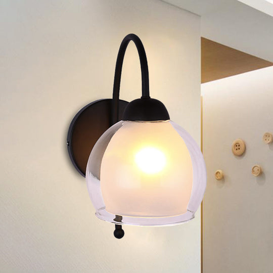 Contemporary Frosted Glass Wall Sconce In Black With Curvy Metal Arm