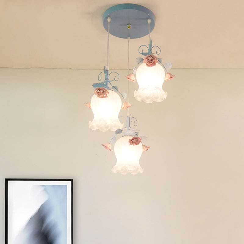 Blue Glass Rose Pendant With 3 Bulbs - Elegant Dining Room Lighting Fixture