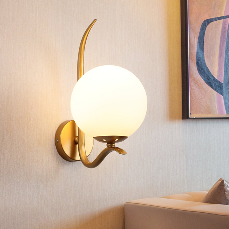 Modernist White Glass Wall Mount Sconce Light - Global Design 1-Bulb Gold Lighting For Bedroom (6/8