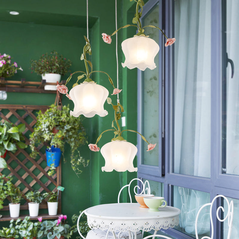 Scalloped Milk Glass Pendant Light Fixture - Pastoral Green 3 Bulb Suspension For Restaurants