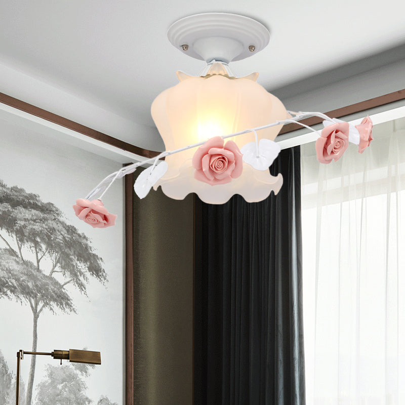 Scalloped Ceiling Flush Mount with Traditional White/Green Satin Opal Glass - Semi Mount Lighting