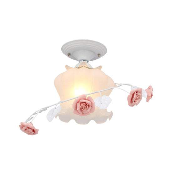 Scalloped Ceiling Flush Mount With Traditional White/Green Satin Opal Glass - Semi Lighting