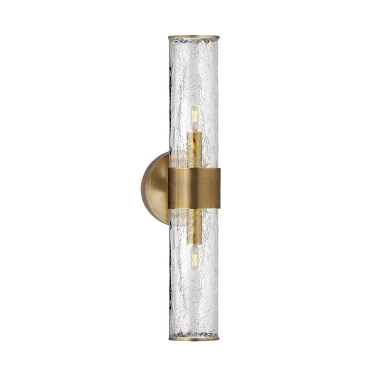 Contemporary Crackle Glass Wall Mounted Lighting: 2 Bulb Cylindrical Sconce In Brass