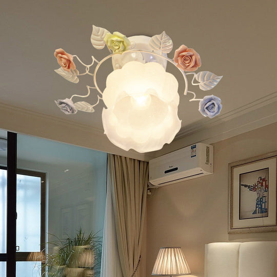 Ivory Glass Rose Ceiling Light - Traditional White/Pink Semi Flush Mount for Bedroom