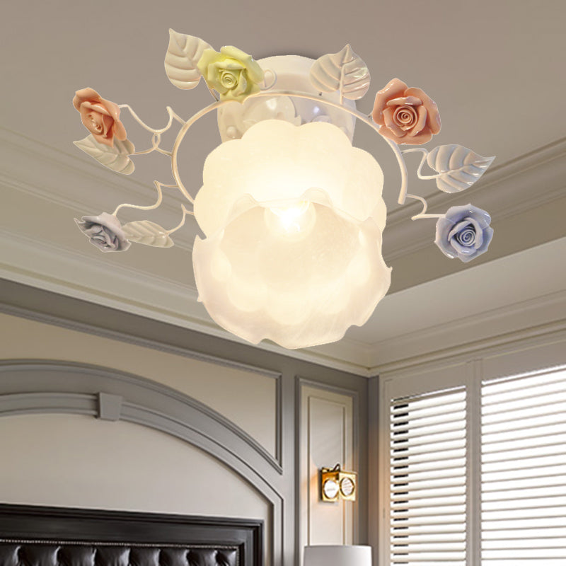 Ivory Glass Rose Ceiling Light - Traditional White/Pink Semi Flush Mount for Bedroom