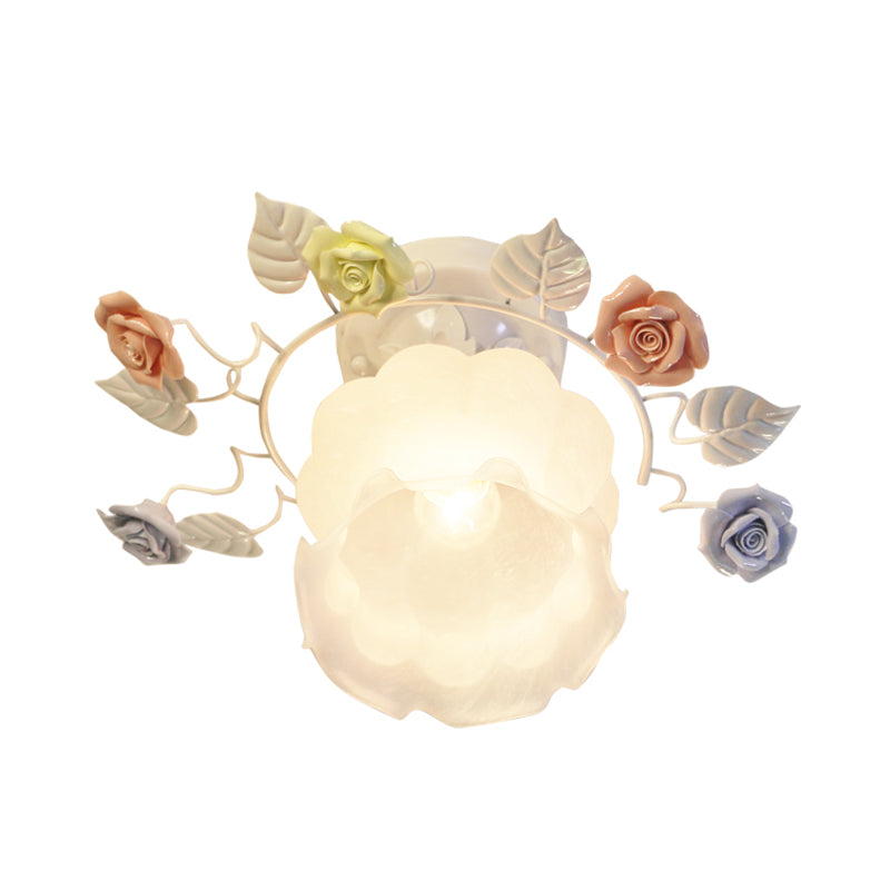 Ivory Glass Rose Ceiling Light - Traditional White/Pink Semi Flush Mount for Bedroom