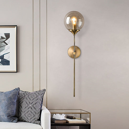 Modernist Round Wall Lamp With Clear/Amber/Smoke Gray Glass & Metal Pencil Arm - Bedside Sconce