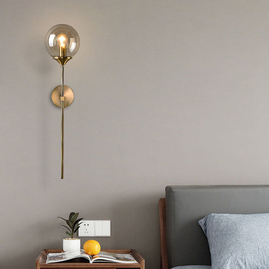 Modernist Round Wall Lamp With Clear/Amber/Smoke Gray Glass & Metal Pencil Arm - Bedside Sconce