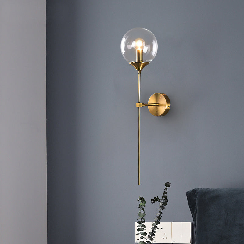 Modernist Round Wall Lamp With Clear/Amber/Smoke Gray Glass & Metal Pencil Arm - Bedside Sconce