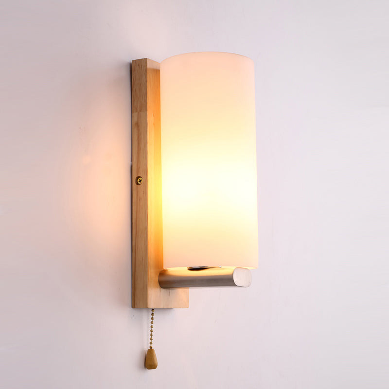 Modern White Glass Cylinder Sconce Light With Wood Backplate - Wall Mount Lighting (1 Bulb)