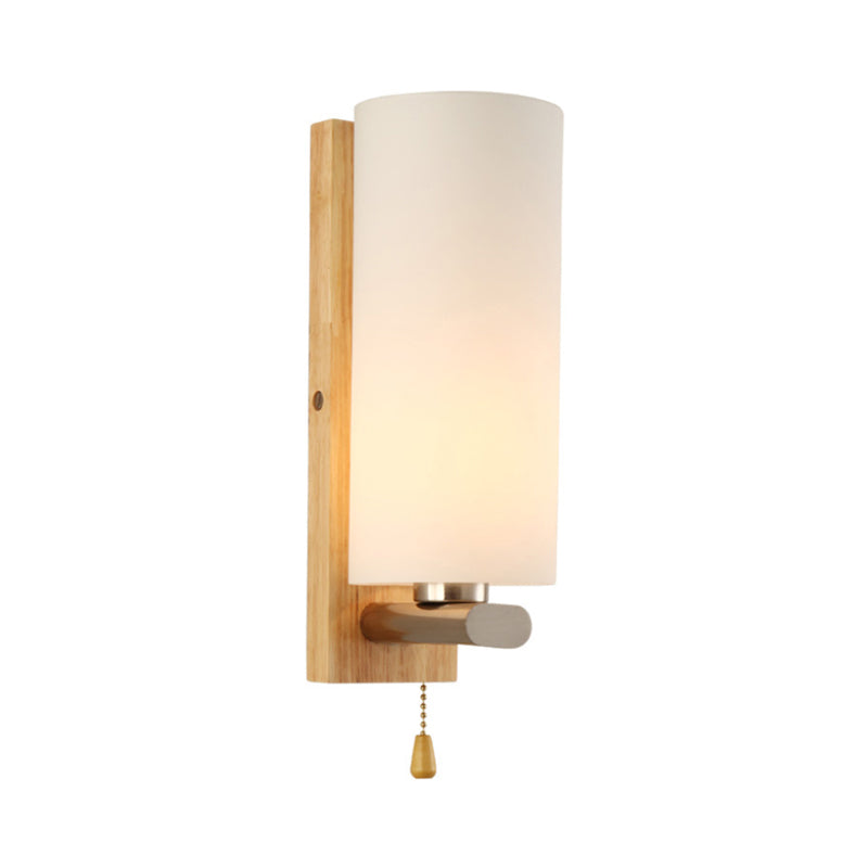 Modern White Glass Cylinder Sconce Light With Wood Backplate - Wall Mount Lighting (1 Bulb)