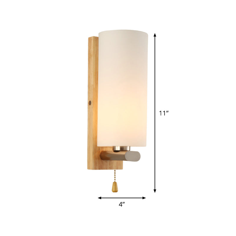 Modern White Glass Cylinder Sconce Light With Wood Backplate - Wall Mount Lighting (1 Bulb)