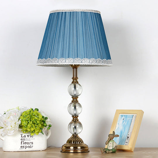 Blue Fabric Nightstand Lamp With Crystal Deco - Classic Pleated Shade For Bedroom