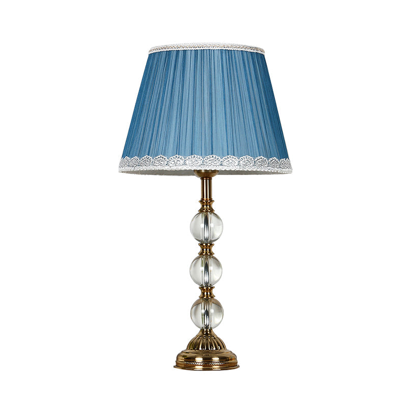 Blue Fabric Nightstand Lamp With Crystal Deco - Classic Pleated Shade For Bedroom