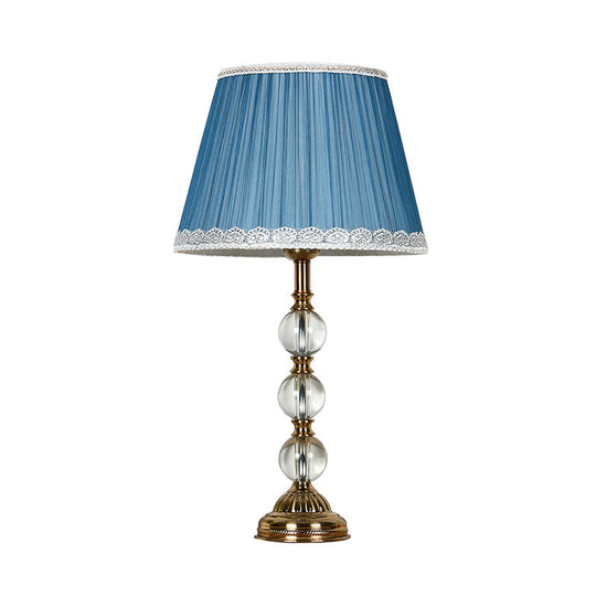 Blue Fabric Nightstand Lamp With Crystal Deco - Classic Pleated Shade For Bedroom