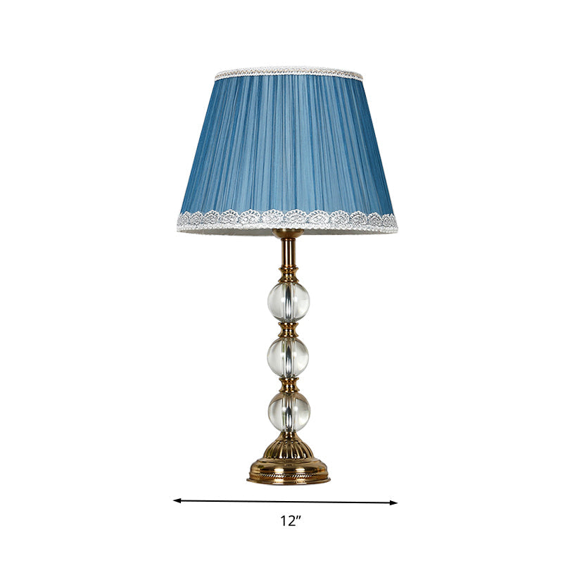 Blue Fabric Nightstand Lamp With Crystal Deco - Classic Pleated Shade For Bedroom