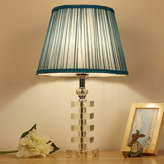 Traditional Blue Fabric Night Light Table Lamp With Crystal Base