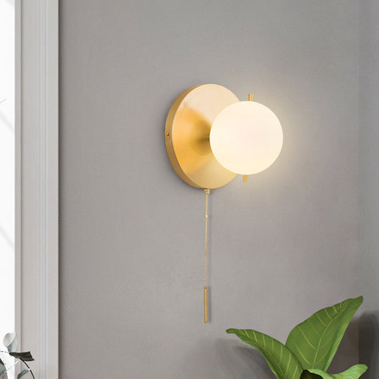 Contemporary Gold Sphere Wall Sconce For Bedroom - Milky Glass 1 Bulb Light Fixture