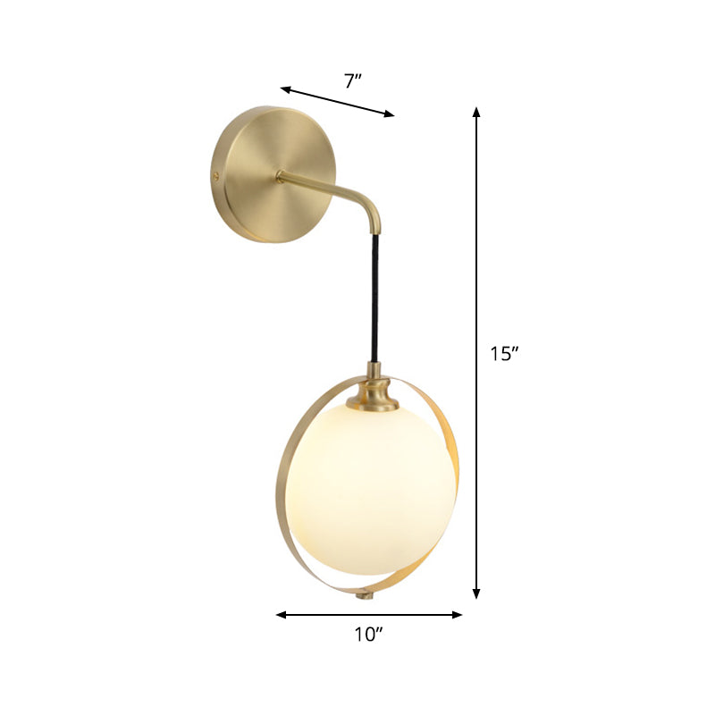 Modern White Glass Ball Sconce Light With Brass Wall Mount And Curved Arm - 1 Bulb