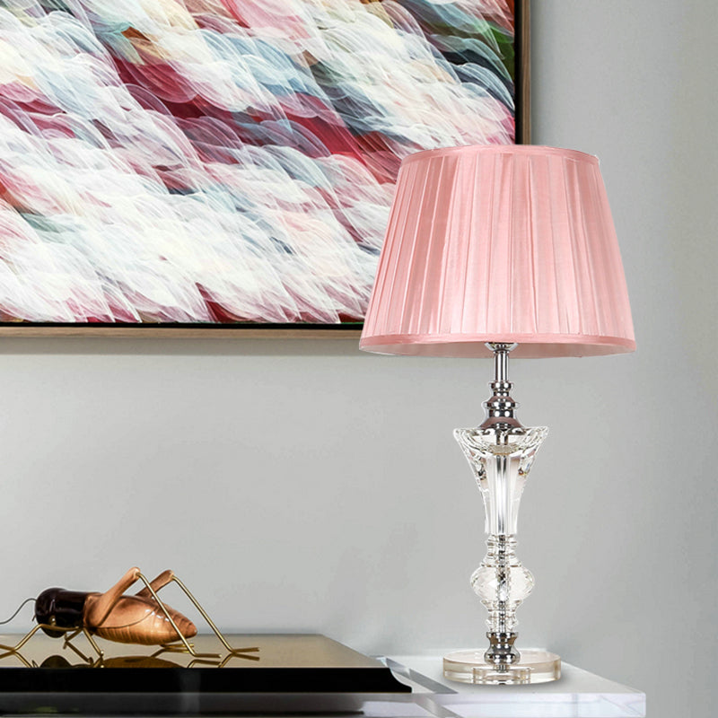 Conical Fabric Night Lamp In Pink/Blue/Beige With Crystal Base - Single Head Table Light