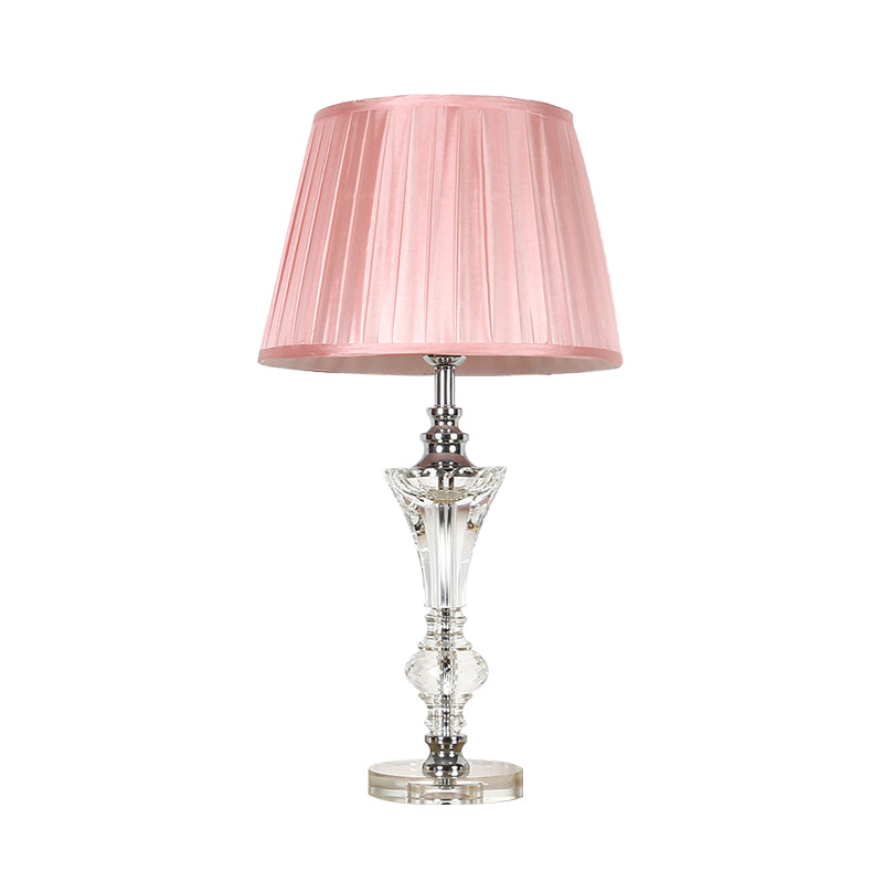 Conical Fabric Night Lamp In Pink/Blue/Beige With Crystal Base - Single Head Table Light