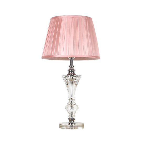 Conical Fabric Night Lamp In Pink/Blue/Beige With Crystal Base - Single Head Table Light