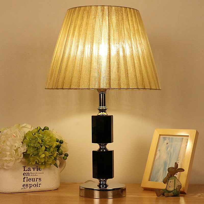 Crystal Table Lamp - Single Bulb Countryside Beige Tapered Drum Design Bedroom Night Light