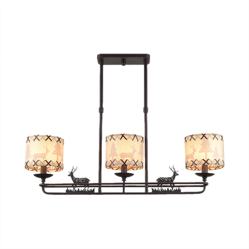 Traditional Black Island Hanging Lamp With 3 Barrel Fabric Shades For Dining Room Lighting