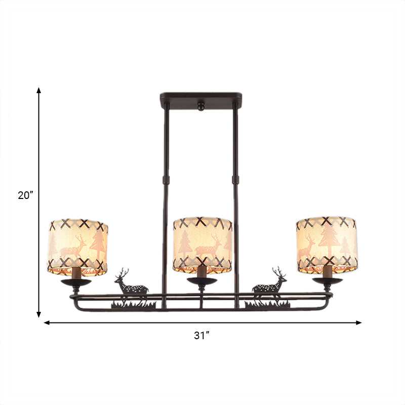 Traditional Black Island Hanging Lamp With 3 Barrel Fabric Shades For Dining Room Lighting