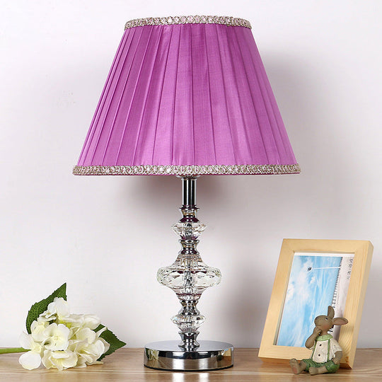 Single Bulb Purple Nightstand Lamp With Crystal Accent - Conical Fabric Light For Bedroom