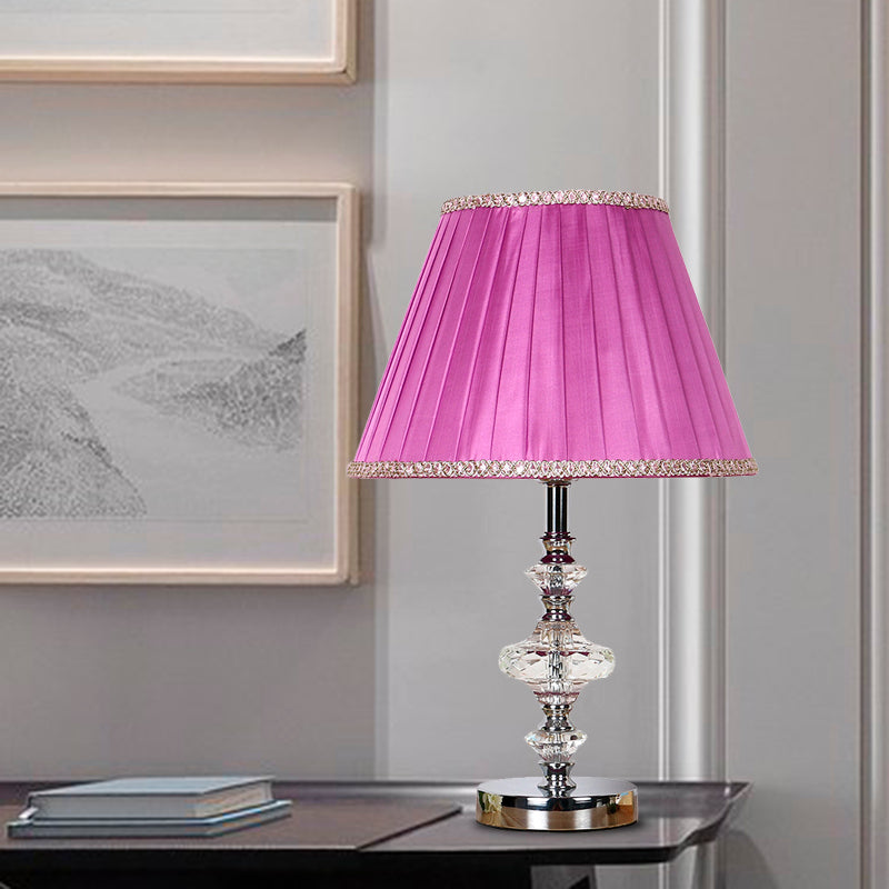 Single Bulb Purple Nightstand Lamp With Crystal Accent - Conical Fabric Light For Bedroom