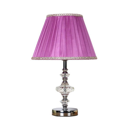 Single Bulb Purple Nightstand Lamp With Crystal Accent - Conical Fabric Light For Bedroom