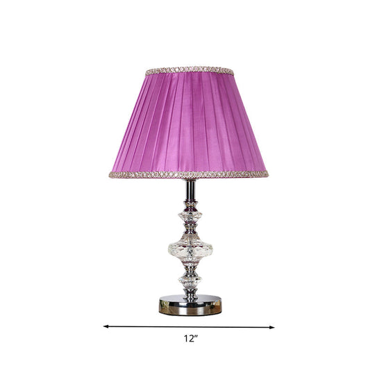 Single Bulb Purple Nightstand Lamp With Crystal Accent - Conical Fabric Light For Bedroom