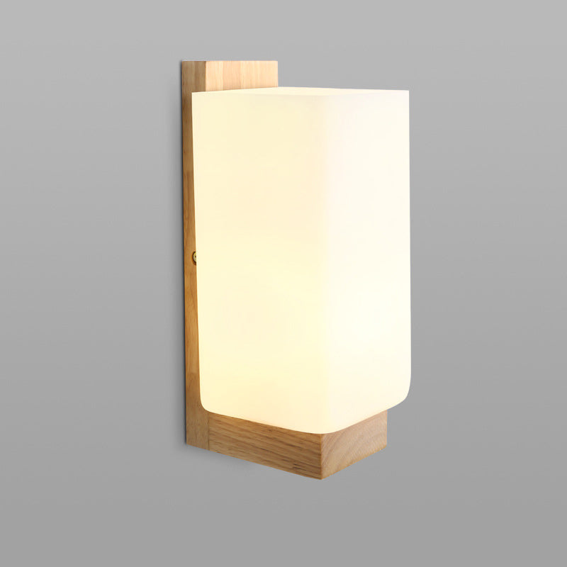 Japanese Wood Sconce Light Fixture With Rectangular Milk Glass Shade - 1 Head Stairway Wall Lamp