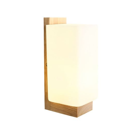 Japanese Wood Sconce Light Fixture With Rectangular Milk Glass Shade - 1 Head Stairway Wall Lamp